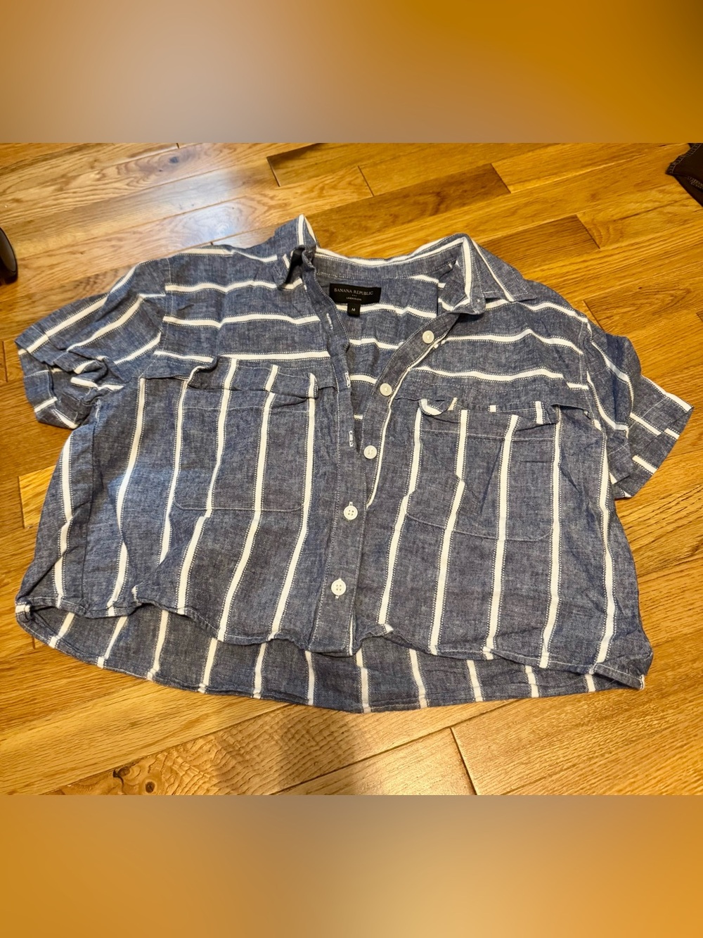 Banana Republic Cropped Blue and White Striped Button-Up Blouse